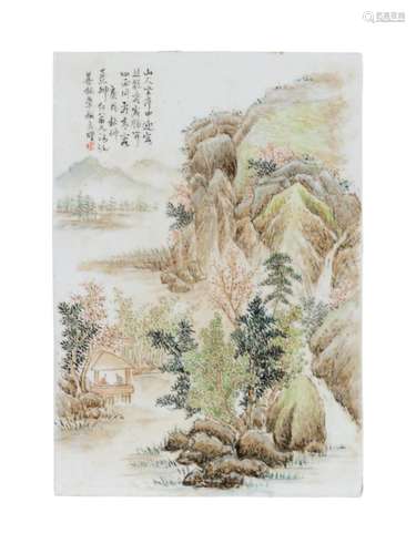 CHINESE FAMILLE VERTE PORCELAIN LANDSCAPE PLAQUE