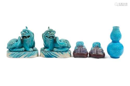 5PCS CHINESE TURQUOISE & PURPLE PORCELAIN ARTICLES