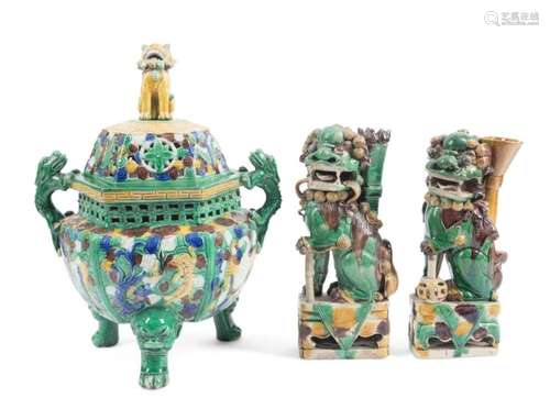 3PC CHINESE SANCAI LIDDED CENSER & VASES