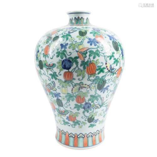 CHINESE DOUCAI MELON AND BUTTERFLY VASE, MARKED