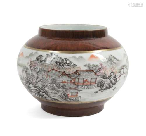 CHINESE ENAMELED LANDSCAPE AND FAUX BOIS POT