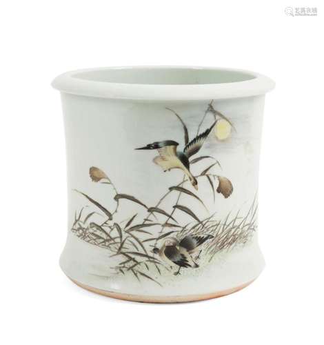 CHINESE ENAMELED PORCELAIN BRUSH POT W/ DUCKS