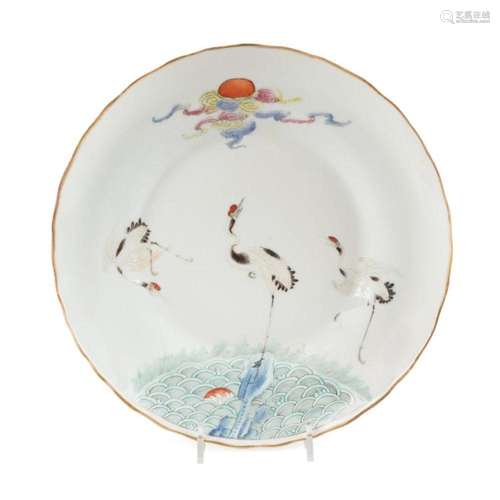 CHINESE FAMILLE ROSE THREE CRANE LOW BOWL