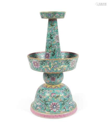 CHINESE FAMILLE ROSE TURQUOISE GROUND CANDLESTICK