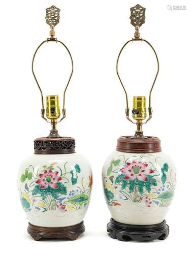 TWO CHINESE FAMILLE ROSE FLORAL GINGER JAR LAMPS