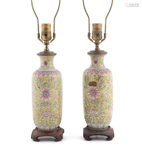 PAIR CHINESE YELLOW GROUND VASES MOUNTED AS LAMPS