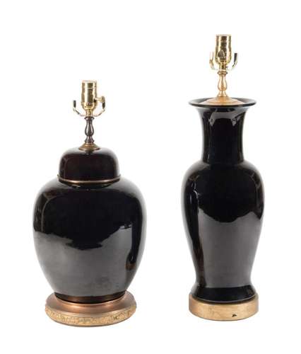 TWO CHINESE MIRROR BLACK PORCELAIN VASES AS LAMPS