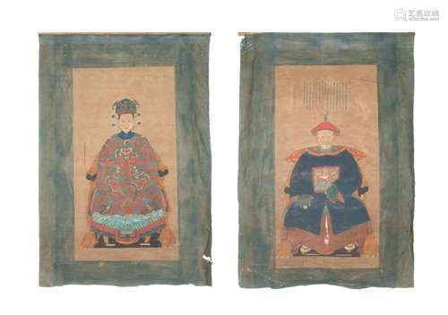 PAIR UNFRAMED CHINESE ANCESTOR PORTRAITS