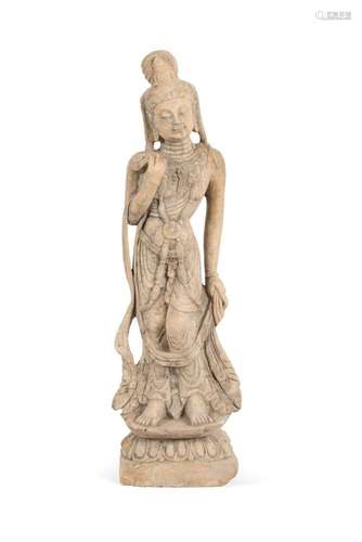 CARVED SANDSTONE STANDING QUAN YIN SCULPTURE