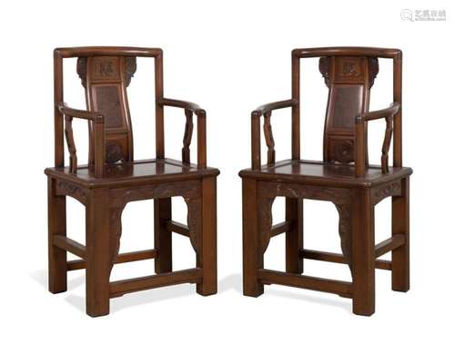 PAIR MING STYLE CARVED WOOD CHINESE ARMCHAIRS