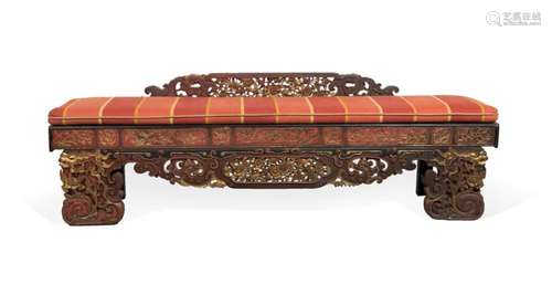 CHINESE RED & BLACK PARCEL GILT DRAGON BENCH