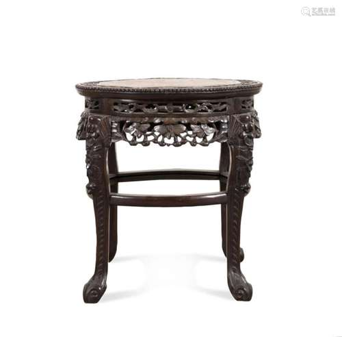 CHINESE CARVED HARDWOOD TABLE W/ MARBLE TOP