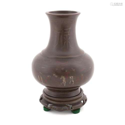 VIETNAMESE BRONZE VASE WITH SILVER & COPPER INLAY