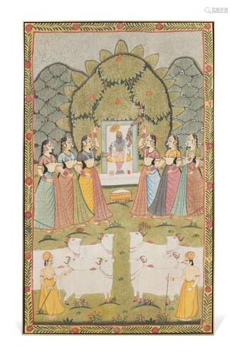 INDIAN PICCHWAI PAINTING 'WORSHIP OF SRI NATHJI'