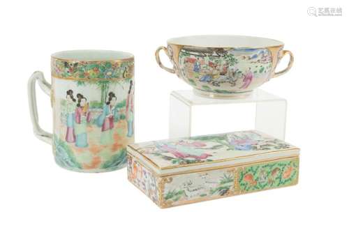 CHINESE EXPORT TANKARD, SOUP CUP, & COVERED BOX