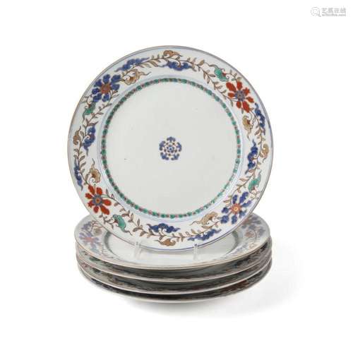 FIVE HAND PAINTED ENAMEL EXPORT PLATES