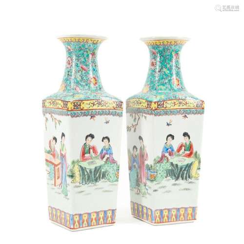 PAIR CHINESE FAMILLE ROSE SQUARE VASES