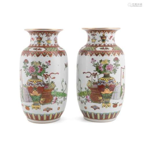 PAIR CHINESE FAMILLE ROSE BOGU MOTIF VASES