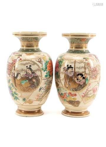 PAIR JAPANESE SATSUMA VASES W/ FIGURES & FLORALS