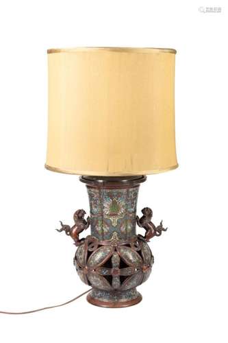 JAPANESE CHAMPLEVE GUARDIAN LION LAMP & SHADE