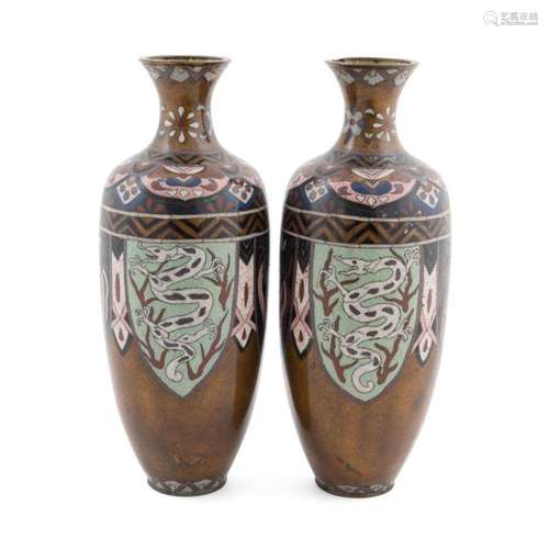 PAIR JAPANESE CLOISONNE PHOENIX & DRAGON VASES