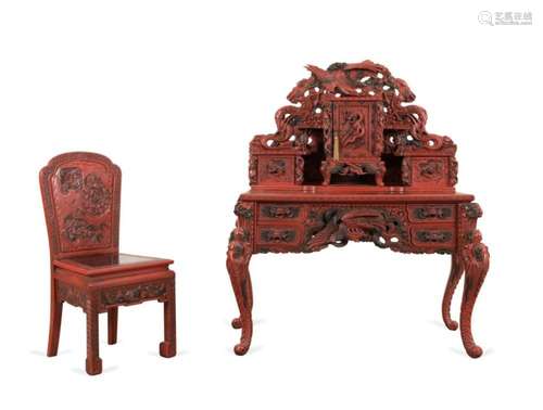 2PCS JAPANESE STYLE RED LACQUER DESK W/ CHAIR