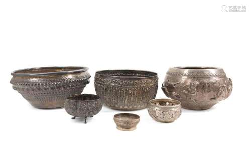 SIX ASIAN SILVER REPOUSSE BOWLS