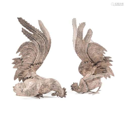 PAIR SILVERED FIGHTING ROOSTERS TABLE GARNITURE