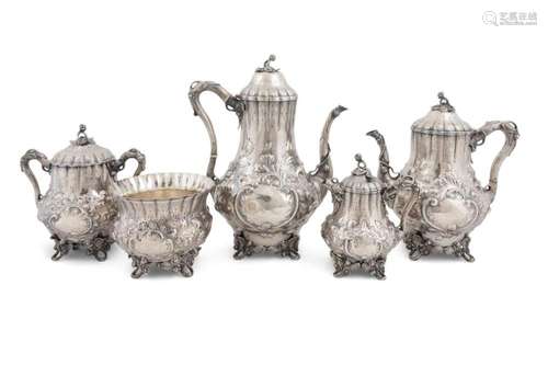 5PC COIN SILVER HOT BEVERAGE SERVICE, CA 1848