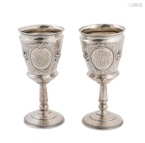 PAIR 19TH C. WOOD & HUGHES STERLING SILVER GOBLETS