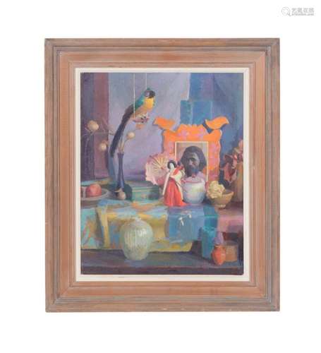 SAM BARBER "STILL LIFE WITH A PARROT" FRAMED O/B