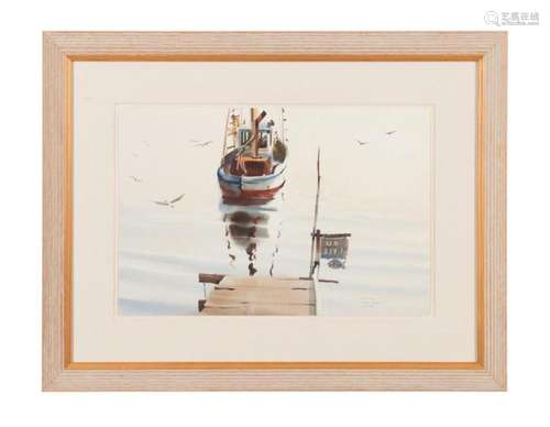 REX BRANDT "NO DIVING" BOAT NEAR DOCK, WATERCOLOR