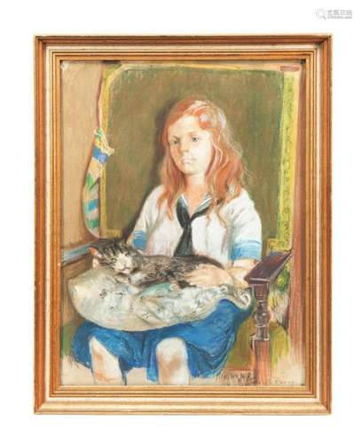 LILLA C. PERRY, DAUGHTER WITH CAT, PASTEL, C. 1895