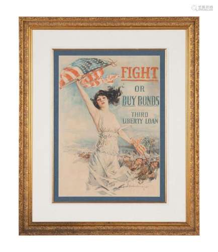 WWI "FIGHT OR BUY BONDS" OFFSET LITHOGRAPH, FRAMED