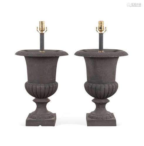 PAIR CAST IRON GARDEN URNS MOUNTED AS LAMPS