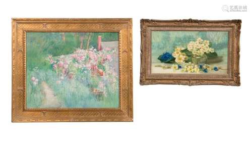 TWO FRAMED FLORAL WORKS, ONE O/C & ONE WC