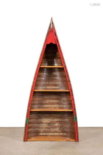 RUSTIC RED PAINTED WOODEN CANOE BOOKCASE