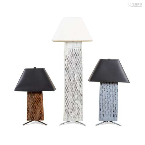 THREE WOODEN THRASHING BOARDS MOUNTED AS LAMPS