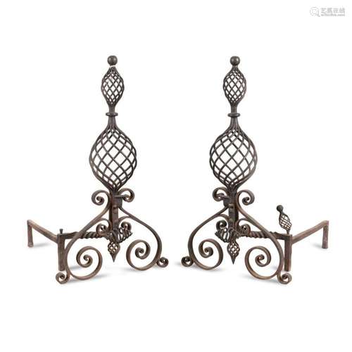 PAIR ARTS & CRAFTS IRON ANDIRONS WITH CROSS BAR