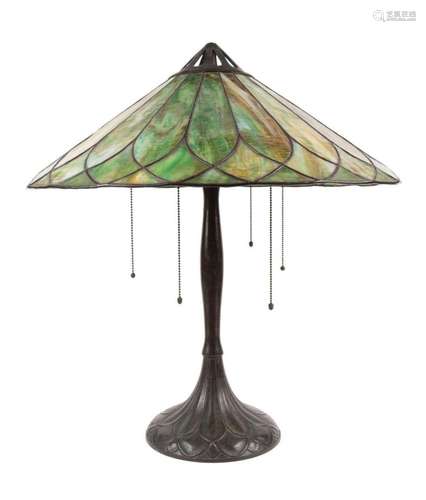 HANDEL LAMP WITH GREEN SLAG GLASS SHADE, C. 1908