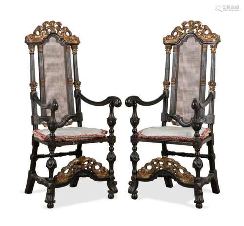 PAIR WILLIAM & MARY STYLE EBONIZED CANED ARMCHAIRS