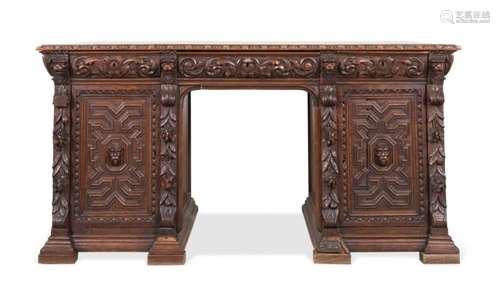 19TH C. RENAISSANCE REVIVAL OAK KNEEHOLE DESK