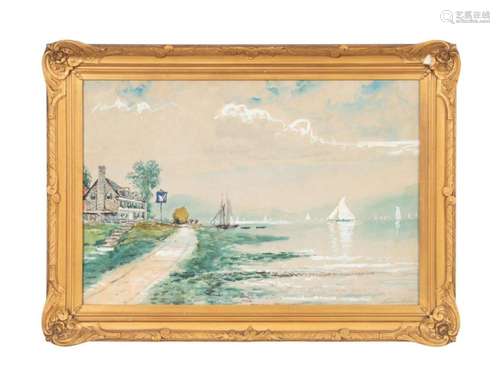 E. D. LEWIS, LAKESHORE WITH INN, WATERCOLOR