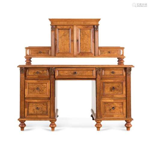 19TH C. BRITISH VICTORIAN BURL KNEEHOLE DESK