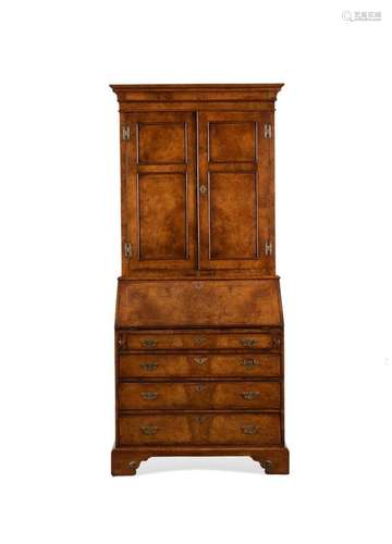 18TH C. QUEEN ANNE BURL WALNUT BUREAU BOOKCASE