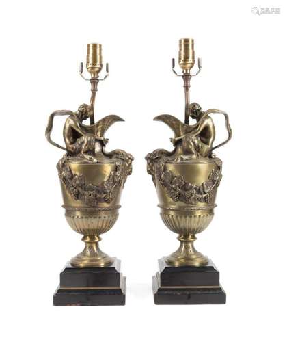 PAIR 19TH C. BRONZE SACRED TO BACCHUS" LAMPS