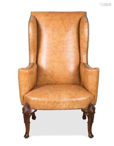 19TH C. GEORGE II STYLE TAN LEATHER WING CHAIR