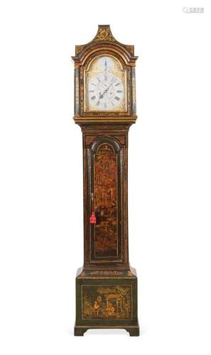 GEORGE III GREEN GILT CHINOISERIE TALL CASE CLOCK