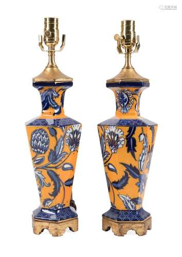 PAIR 19TH C. ENGLISH FLORAL VASES MOUNTED AS LAMPS