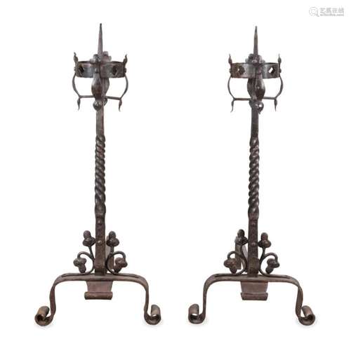 PAIR 19TH/20TH C. TUDOR REVIVAL PRICKET ANDIRONS